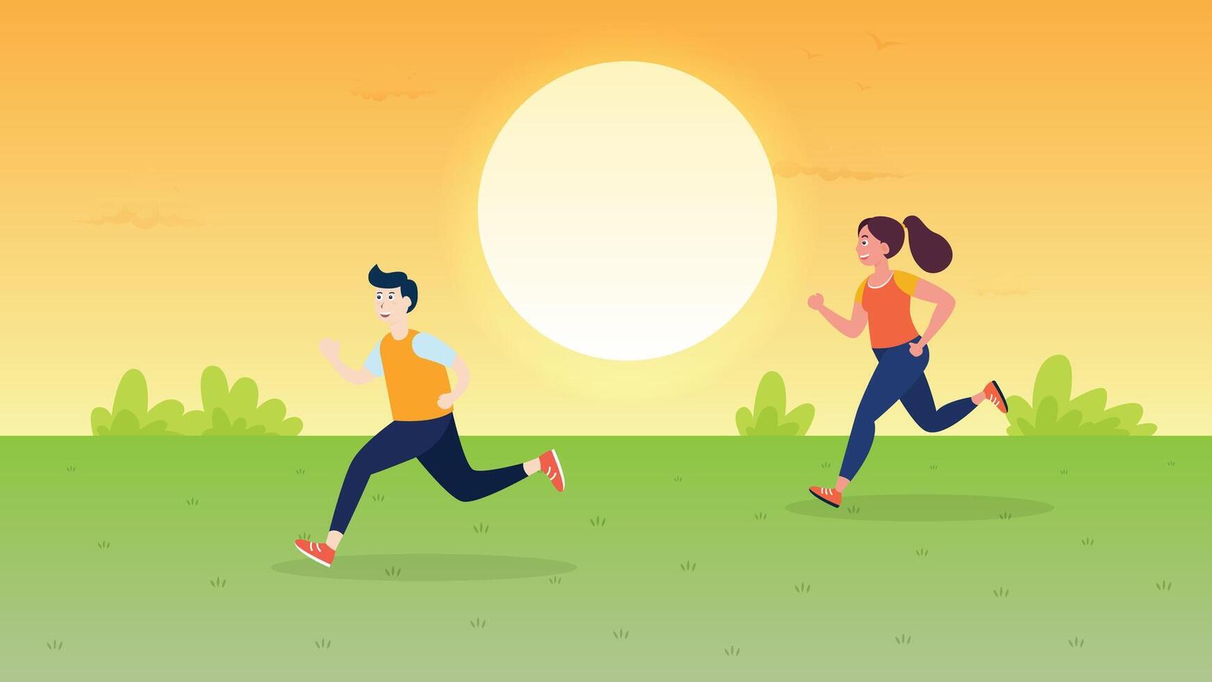 man and woman exercise with run jogging for health outdoor park in evening warm light vector