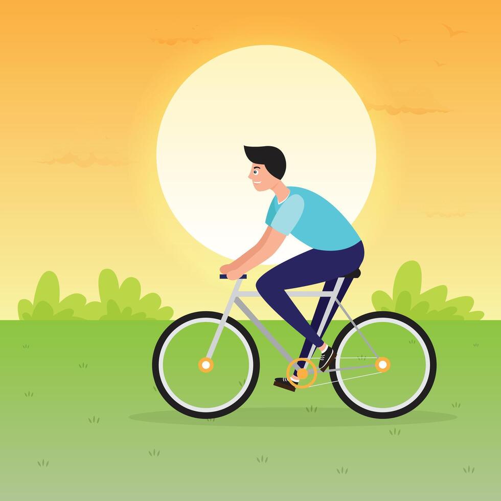 man exercise with ride bicycle for health outdoor park in evening warm light, flat illustration design vector