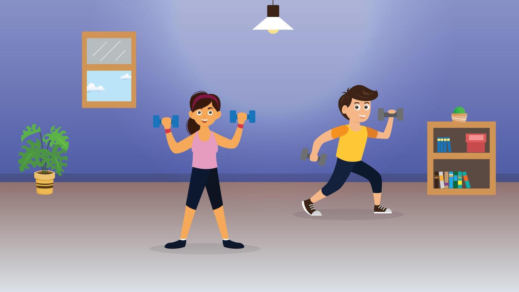 man and woman exercise with dumbbel in home for health illustration soft bright color design vector