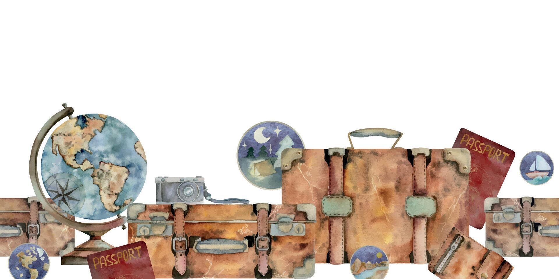 Vintage retro luggage, baggage suitcases stickers, old camera, globe passport id document wallet. Watercolor hand drawn art. Isolated seamless banner. Design tourism, travel brochure, wedding guide. vector