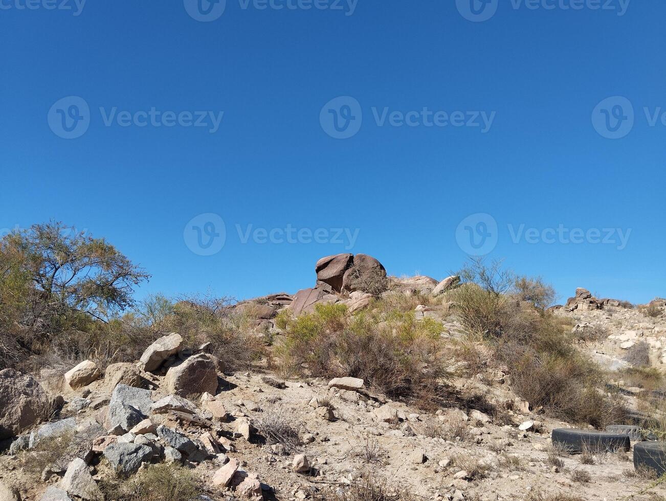 a large rock formation in the desert with bushes and trees photo