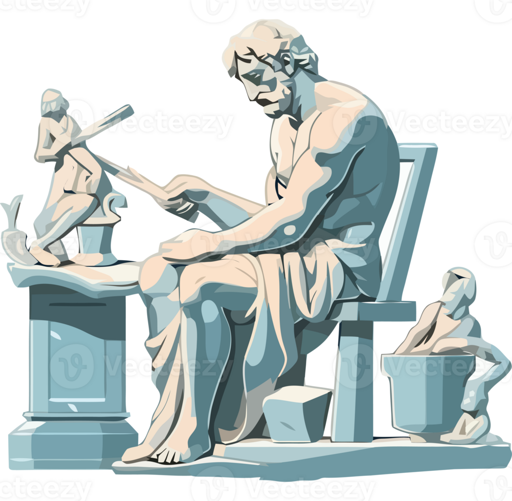 A statue of a man sitting at a table with a book png