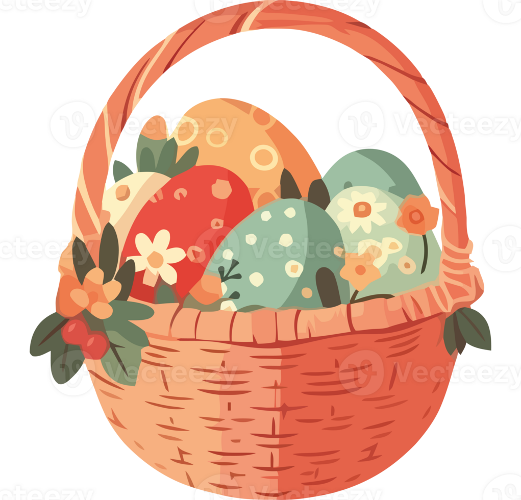 Easter basket with eggs and flowers png