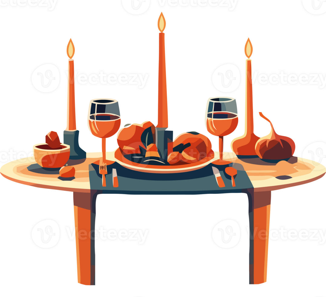 A table with a plate of food and candles png