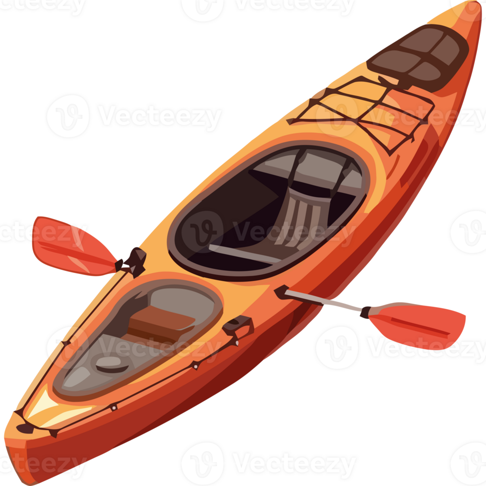 An orange kayak with a paddle and a seat png