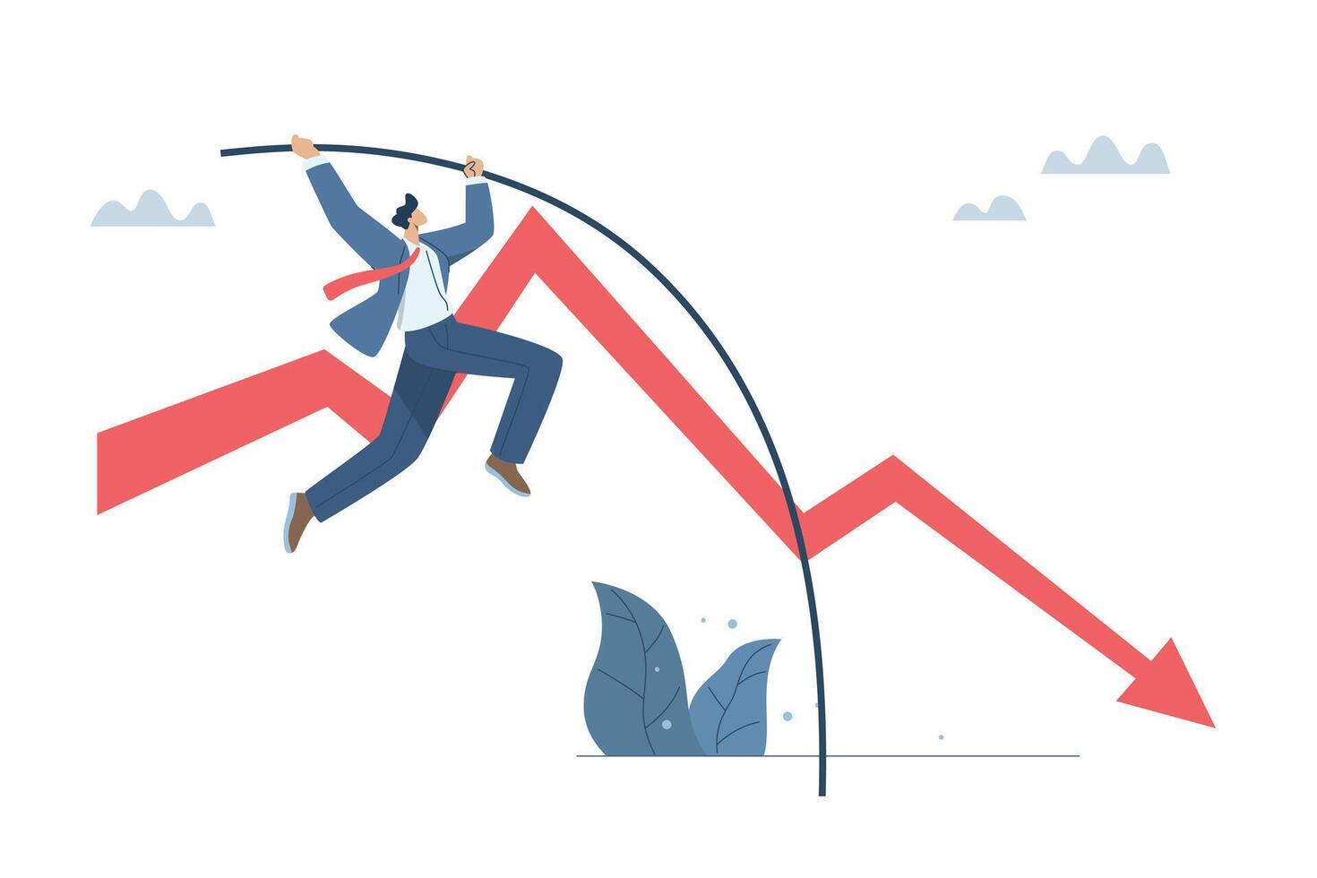 Overcoming financial problems, Jumping over the recession, Coping with risks, Concepts for dealing with uncertain events, Businessman pole vaulting over a falling graph. design illustration. vector