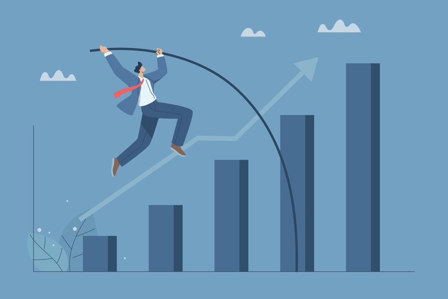 A business growing exponentially, The high success of the organization, Rapid recovery of a company, Financial success concept, Male leader or businessman pole vaulting over growth bar graph. vector