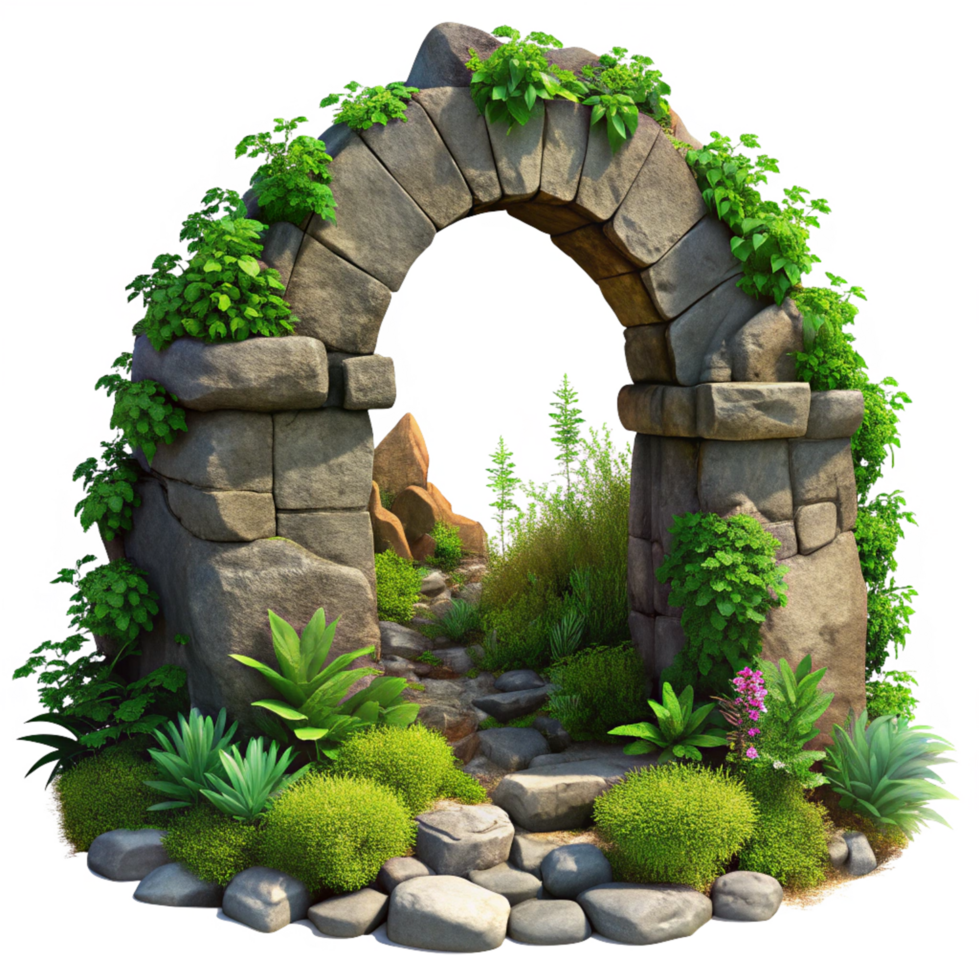 Rock Arch and Quaint Garden Scene Illustration png