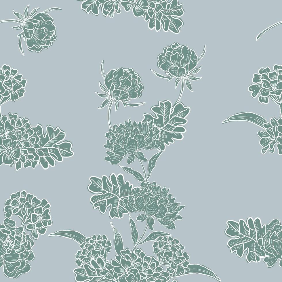 Peony and Hydrangea Hand Drawn Seamless Pattern vector