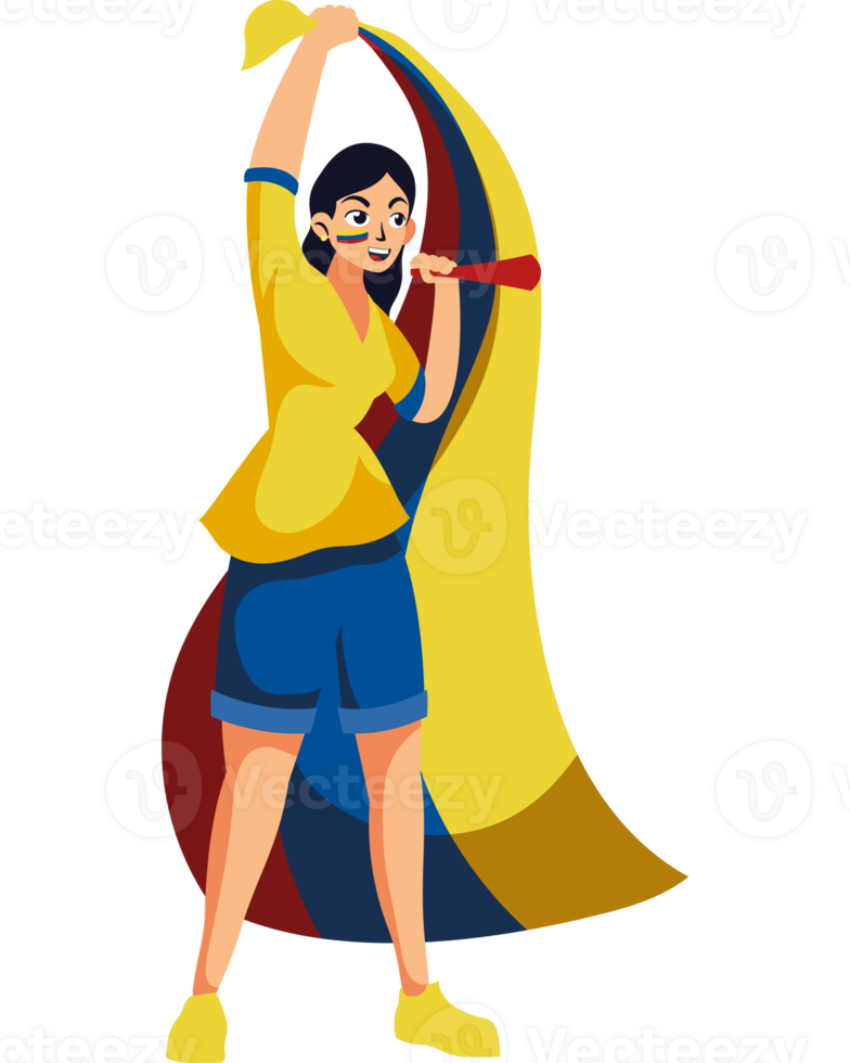 A woman holding a flag with a yellow and blue background png