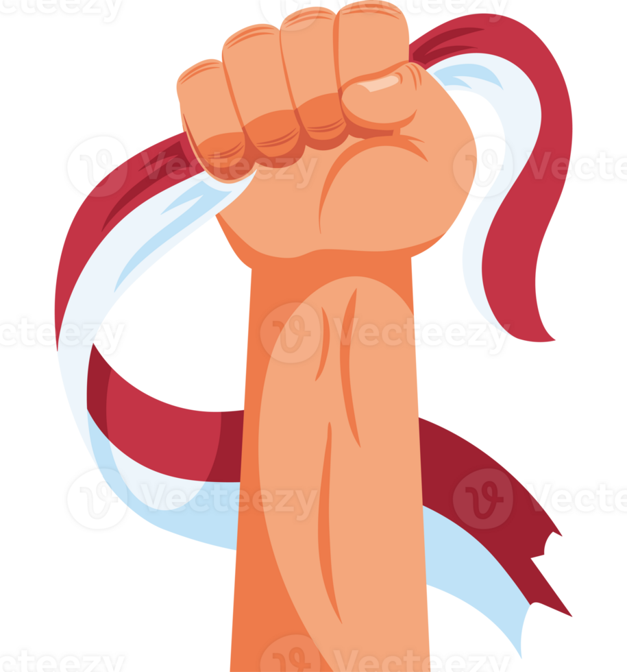 A fist holding a flag with a red and white ribbon png