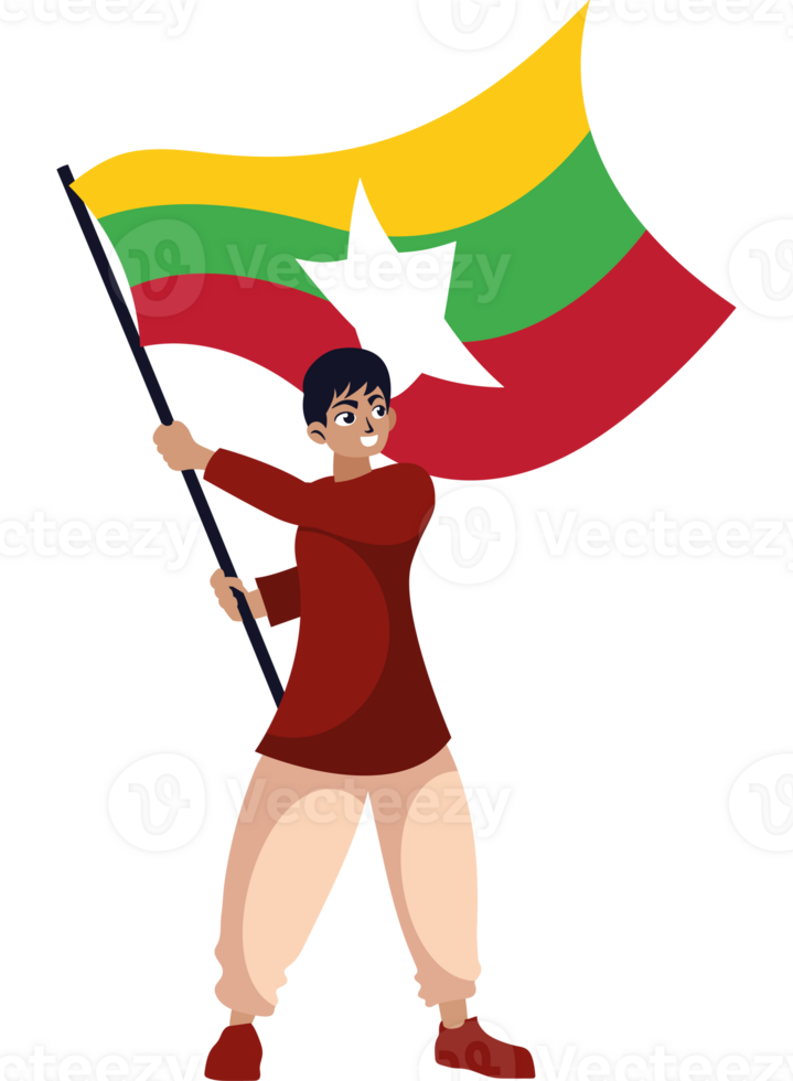 A cartoon man holding a myanmar flag png