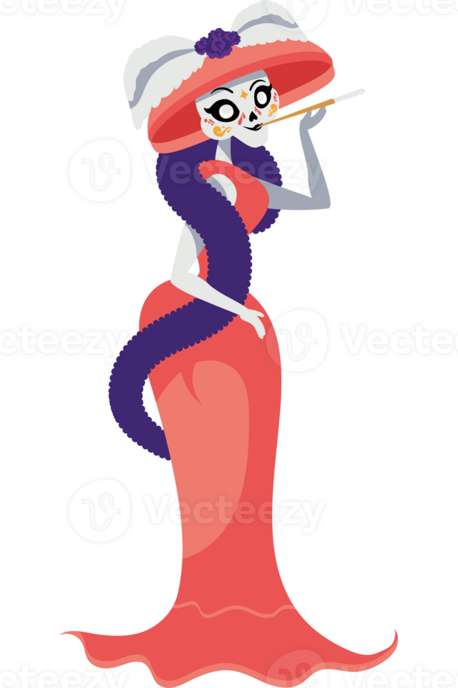 A cartoon skeleton in a pink dress and hat png