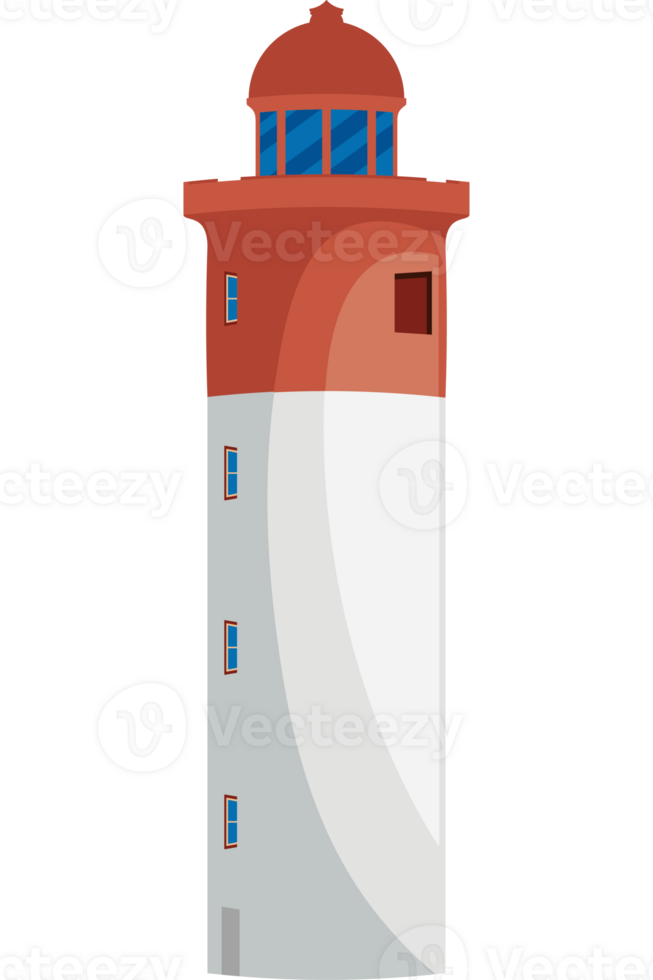 A red and white lighthouse with a blue roof png