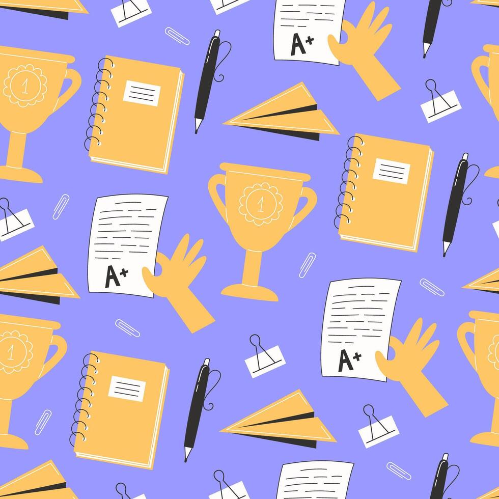 Seamless Pattern with School Supplies and Awards vector