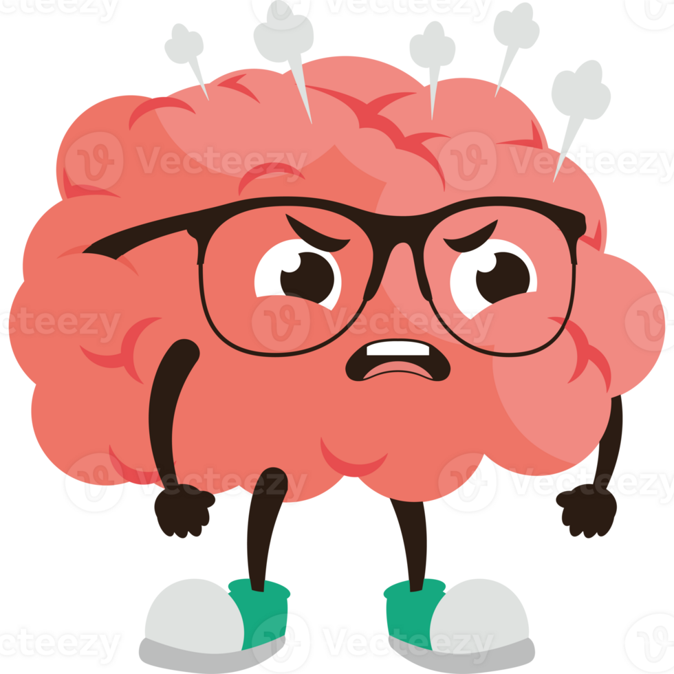 A cartoon brain with glasses and pins on it png