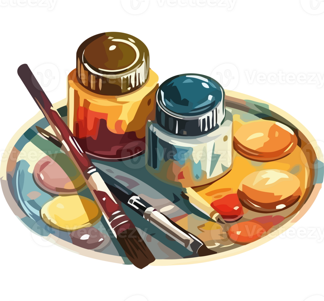 Paint brushes and paint on a tray with a palette png