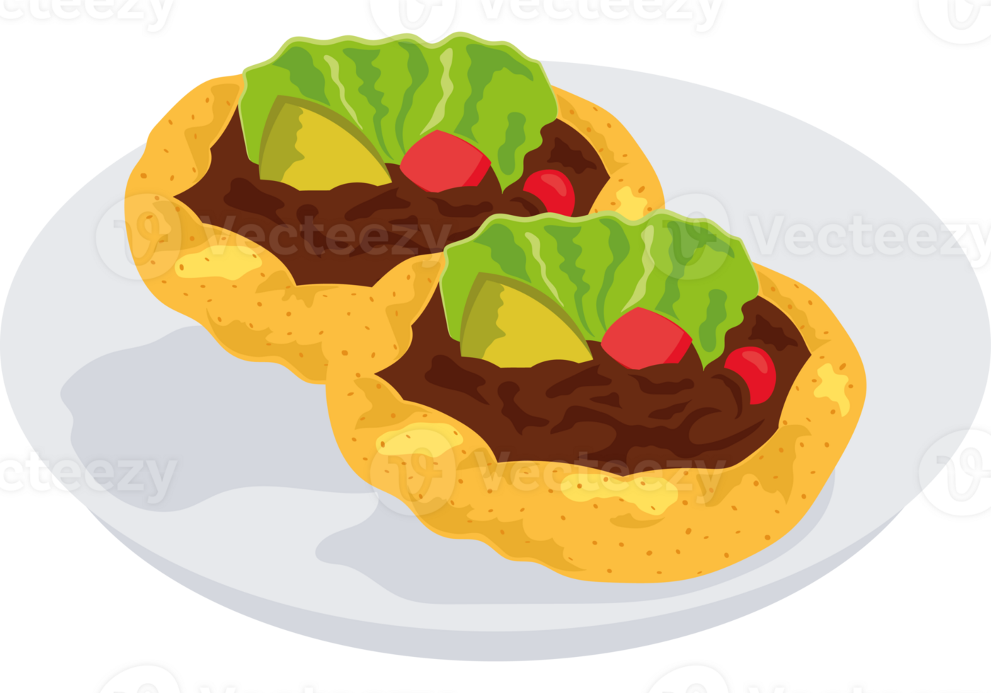 Two tacos on a plate with lettuce and tomatoes png