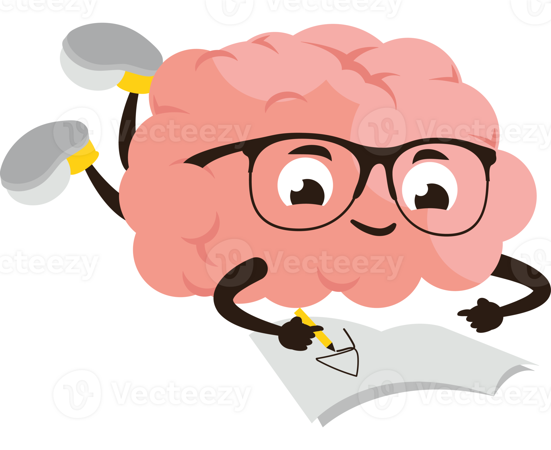 Cartoon brain with glasses writing on paper 49350186 png