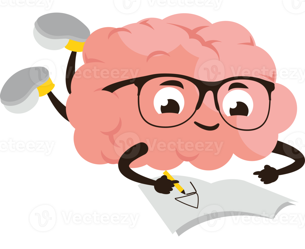 Cartoon brain with glasses writing on paper png