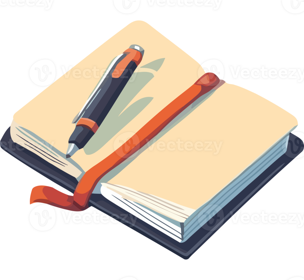 An open notebook with a pen and a ribbon png
