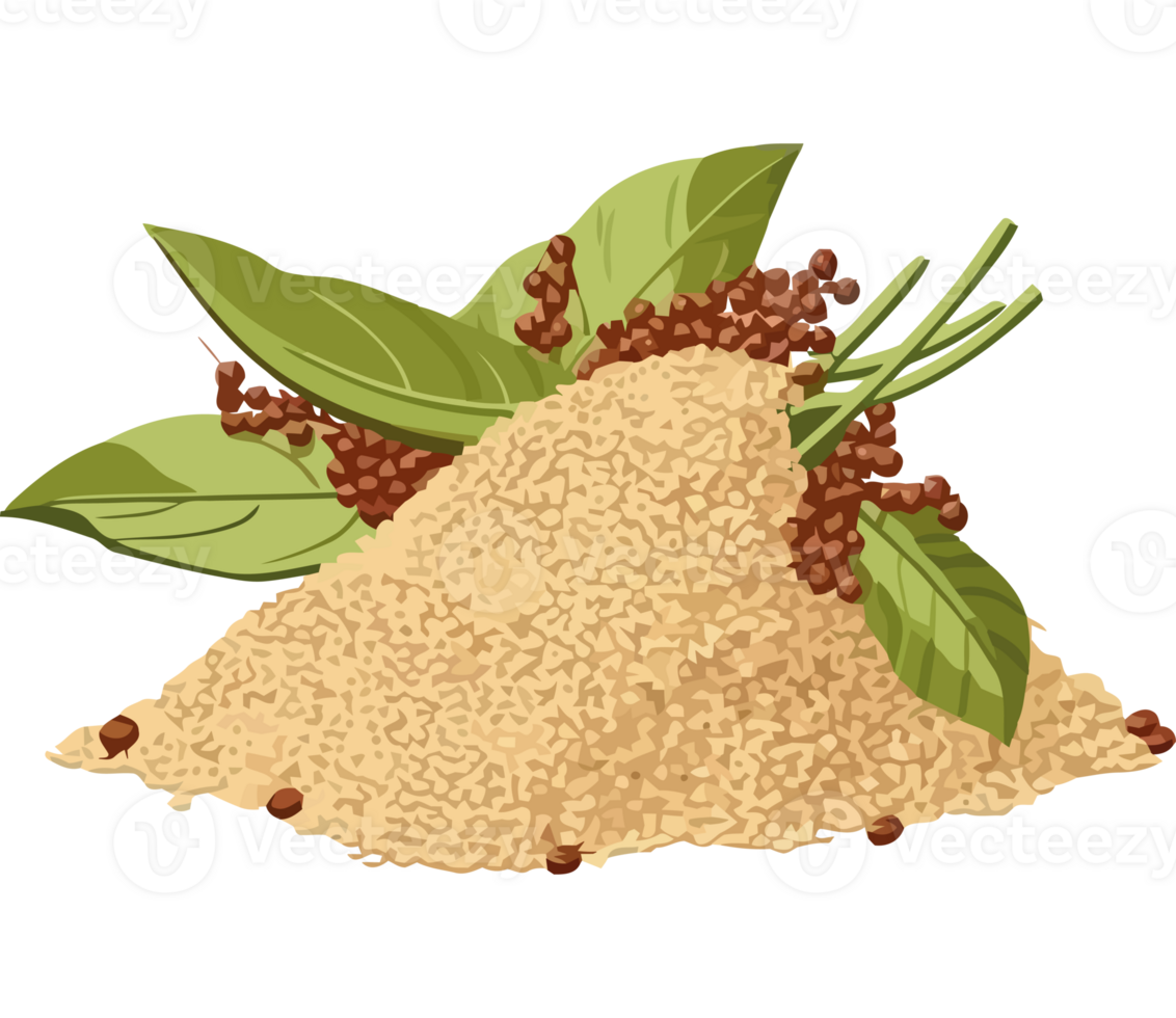 A pile of rice with leaves and spices png