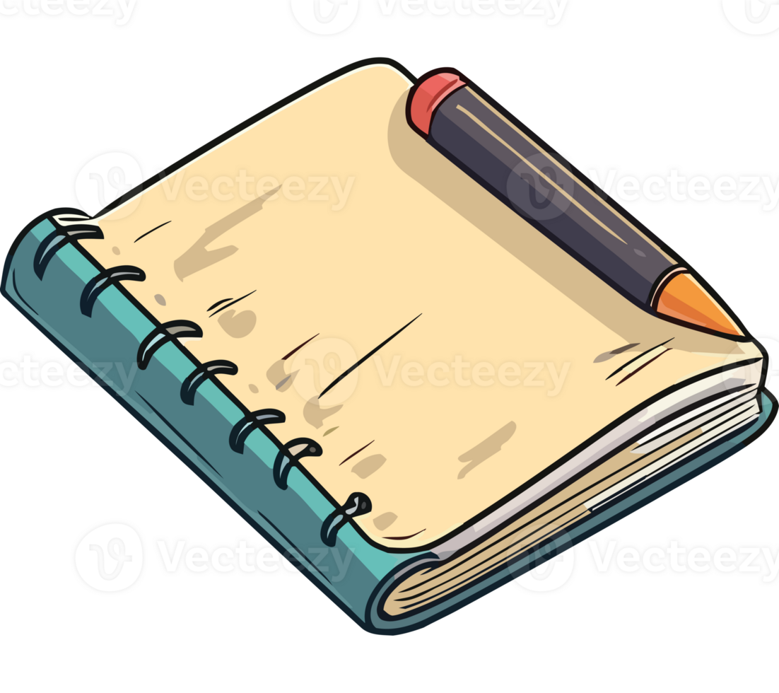 A notebook with a pencil and pen on it png