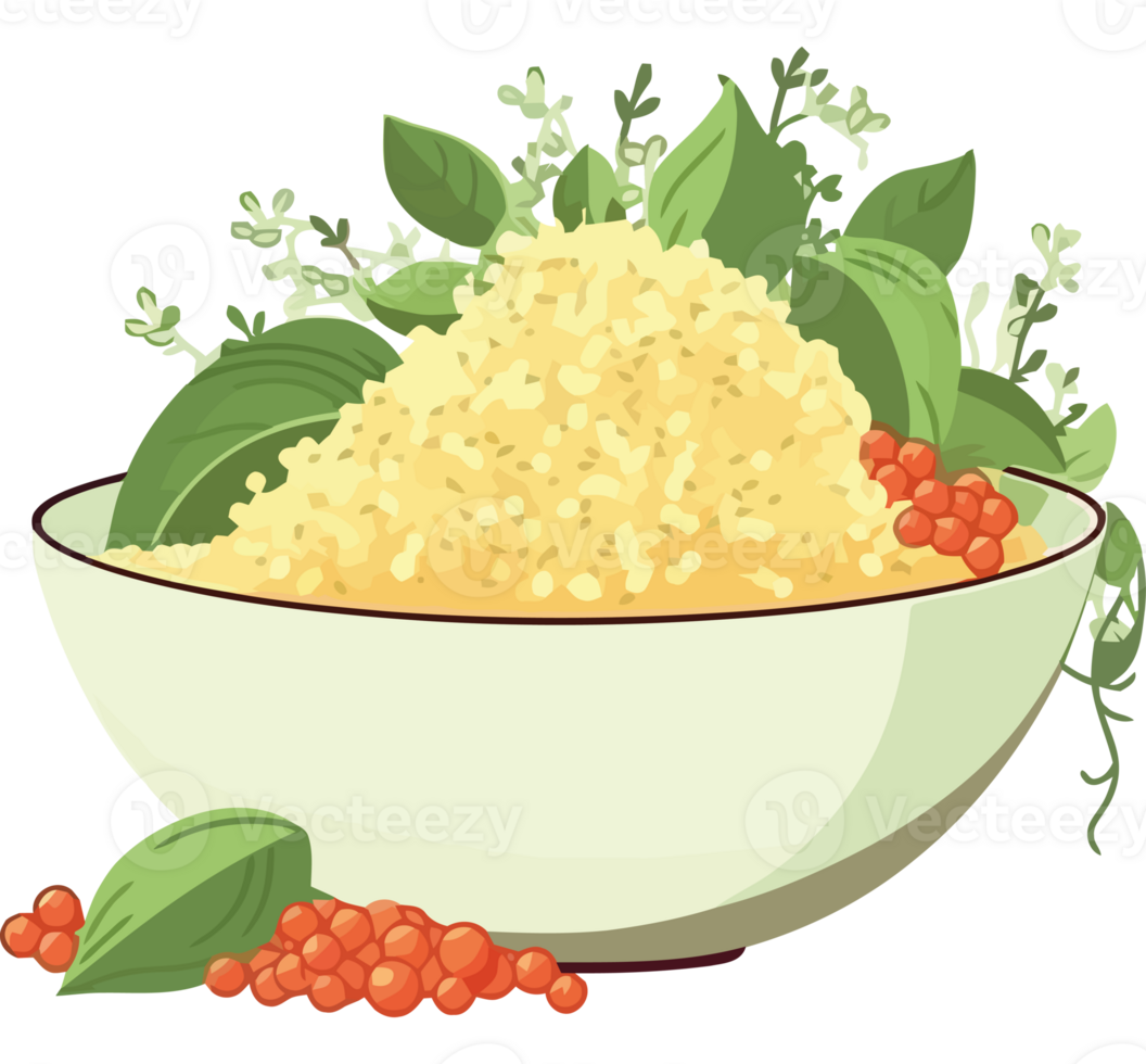 Couscous with red berries and leaves in a bowl png