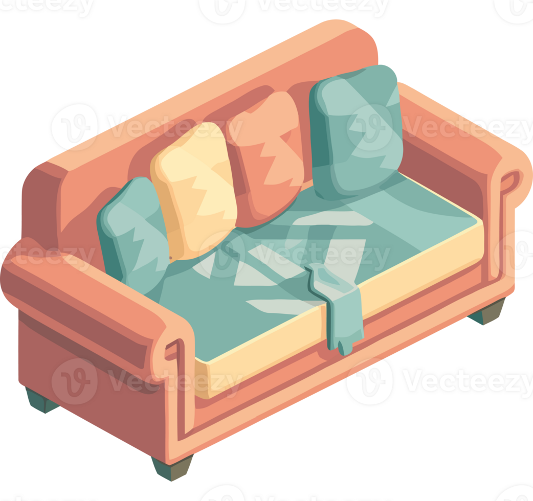 A couch with pillows and a blanket on it png