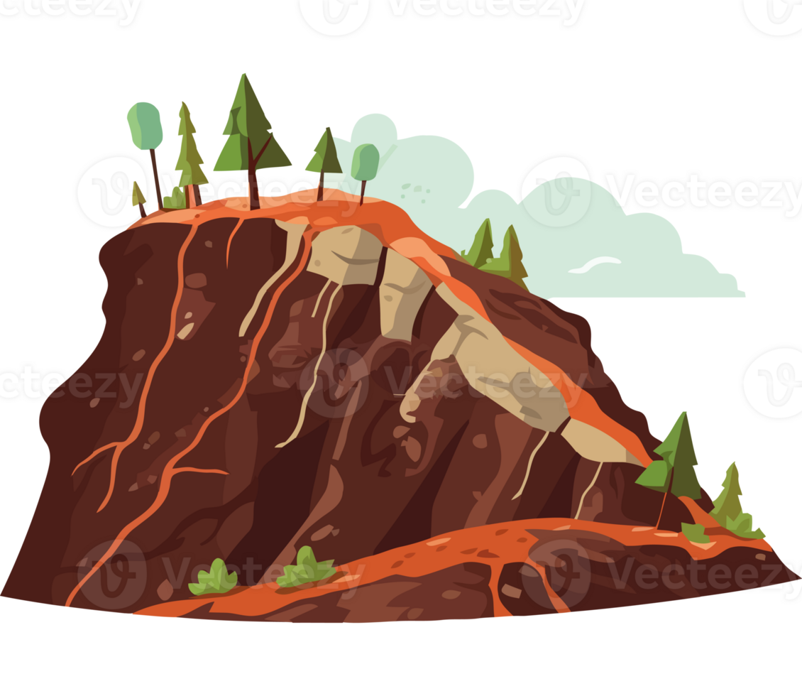 A cartoon illustration of a mountain with trees and rocks png