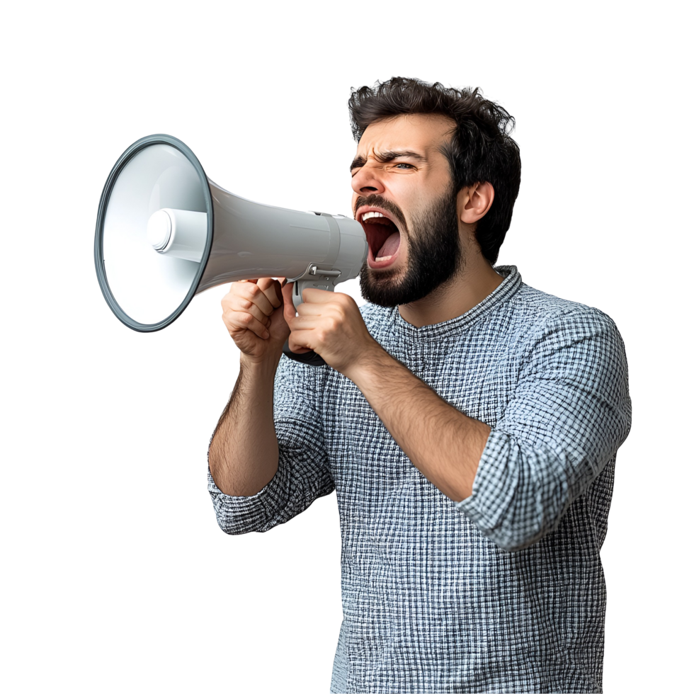 man shouting into a megaphone on a transparent background png