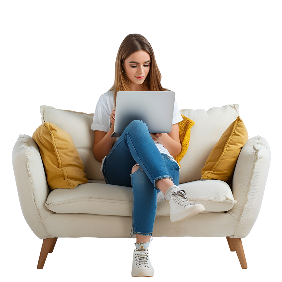a woman sitting on a couch with a laptop png