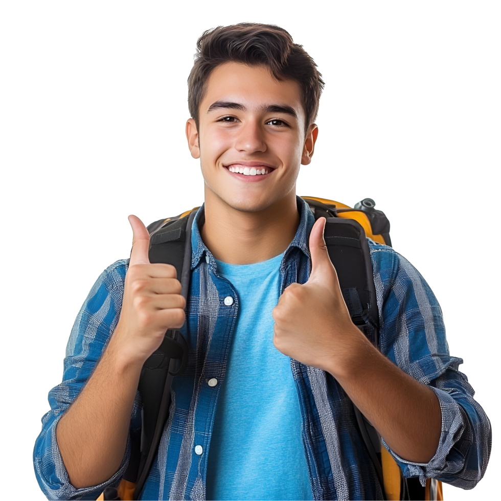 portrait of a young man with backpack showing thumbs up png