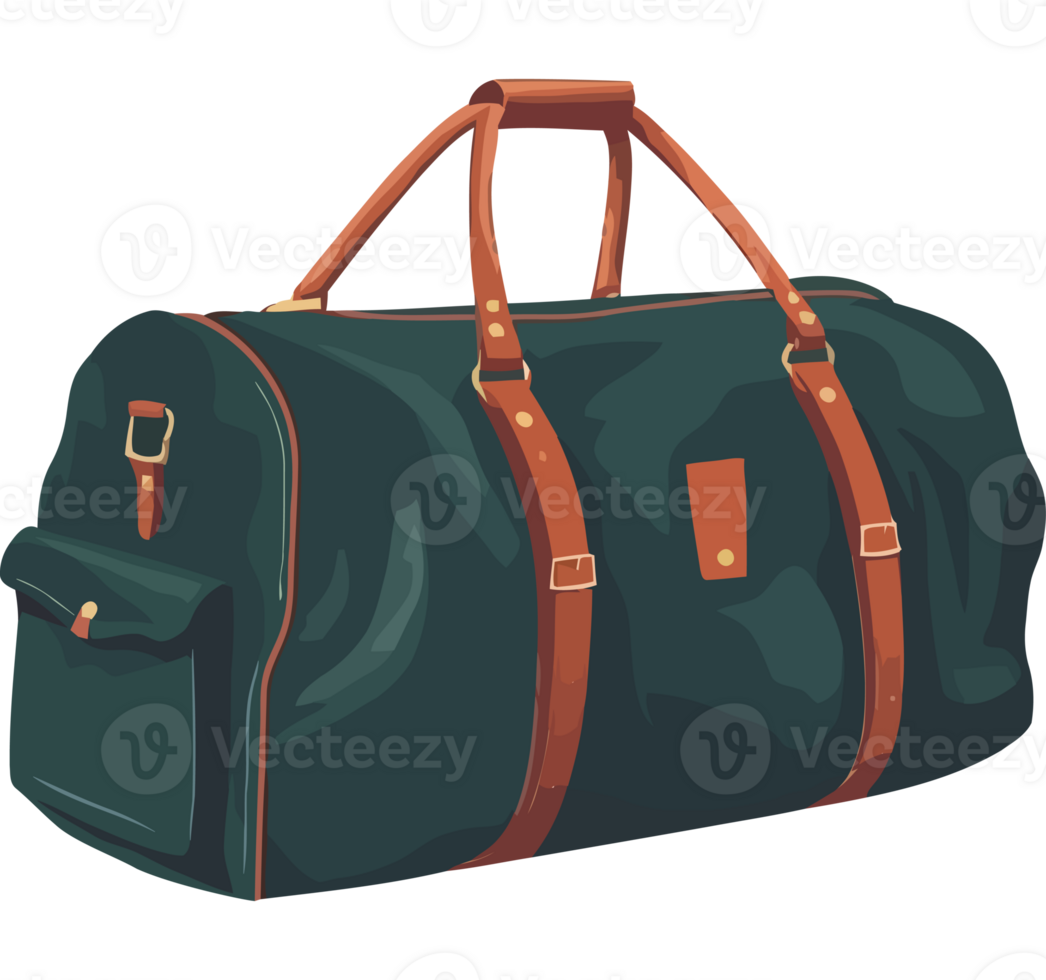 A green duffel bag with brown straps png