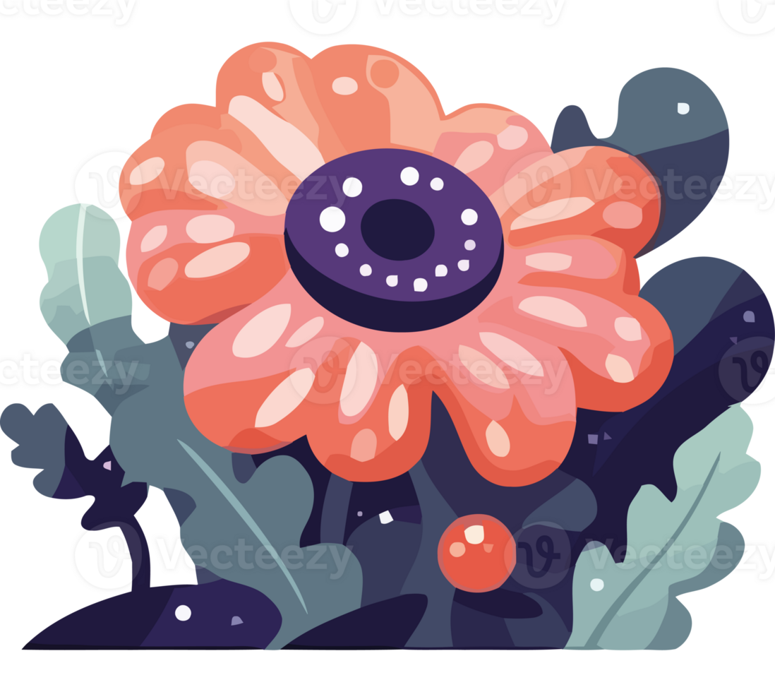 An illustration of a flower with leaves and a purple center png