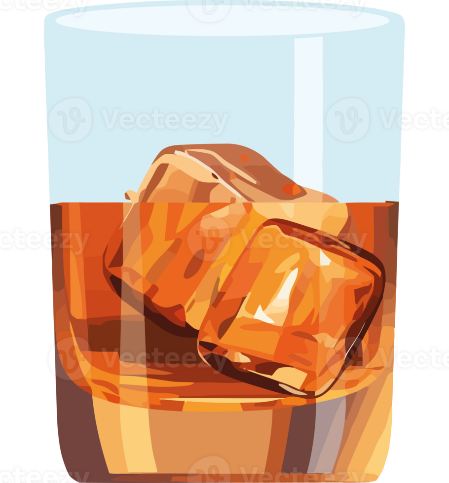 A glass of whiskey with ice cubes png