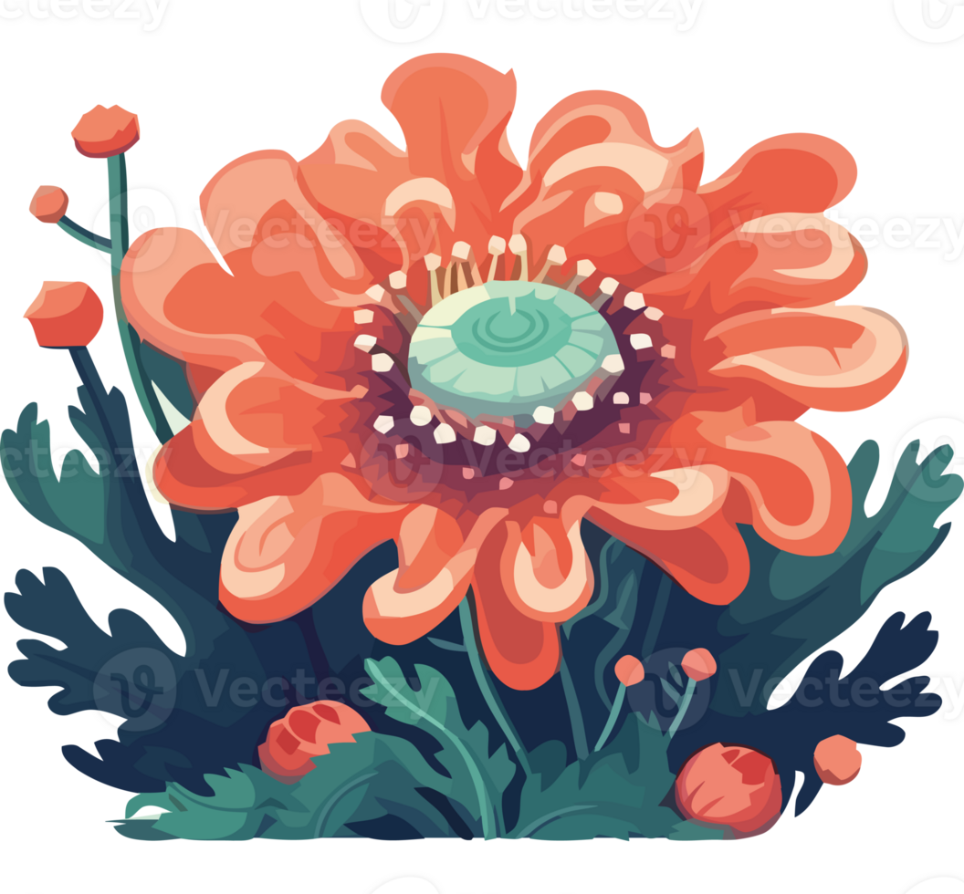 An orange flower with green leaves and a green center png
