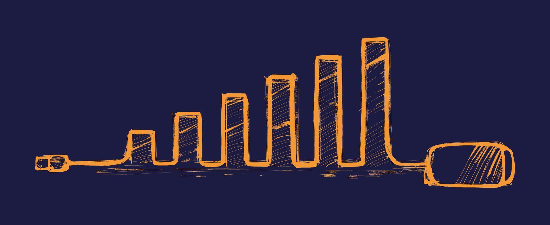 A hand drawn illustration depicting a mouse that creates an ascending graph from left to right vector