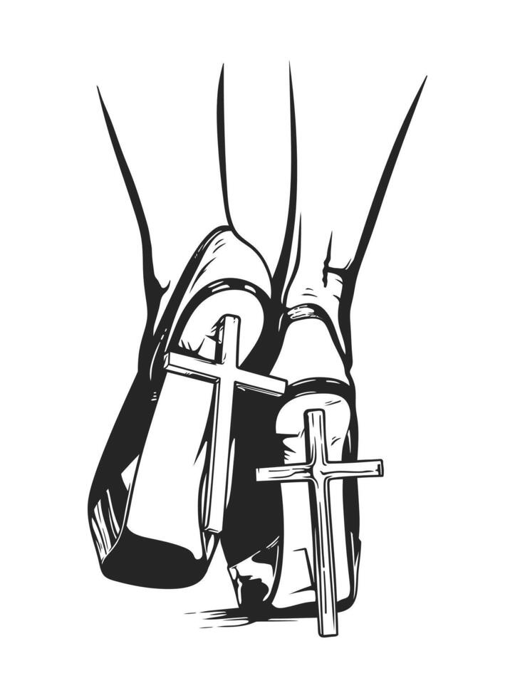 Black and white illustration that portrays a woman wearing high heels, with the heels artistically crafted to resemble a Christian cross vector