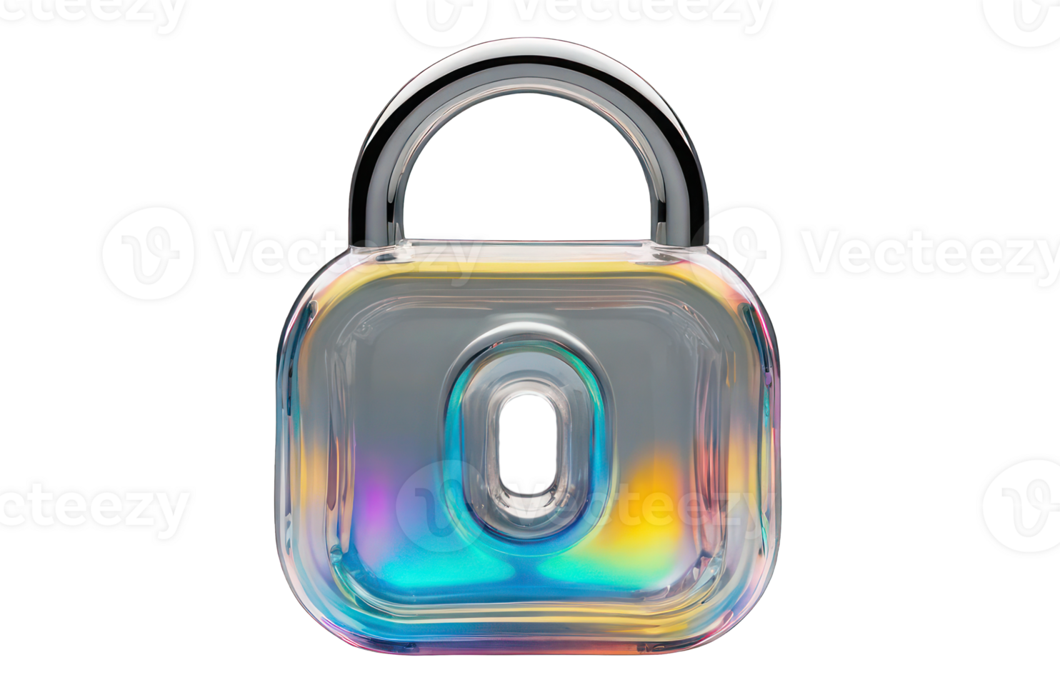 Holographic padlock isolated on transparent background. Element in Y2K style, iridescent mirror surface. Concept of protection and security. png