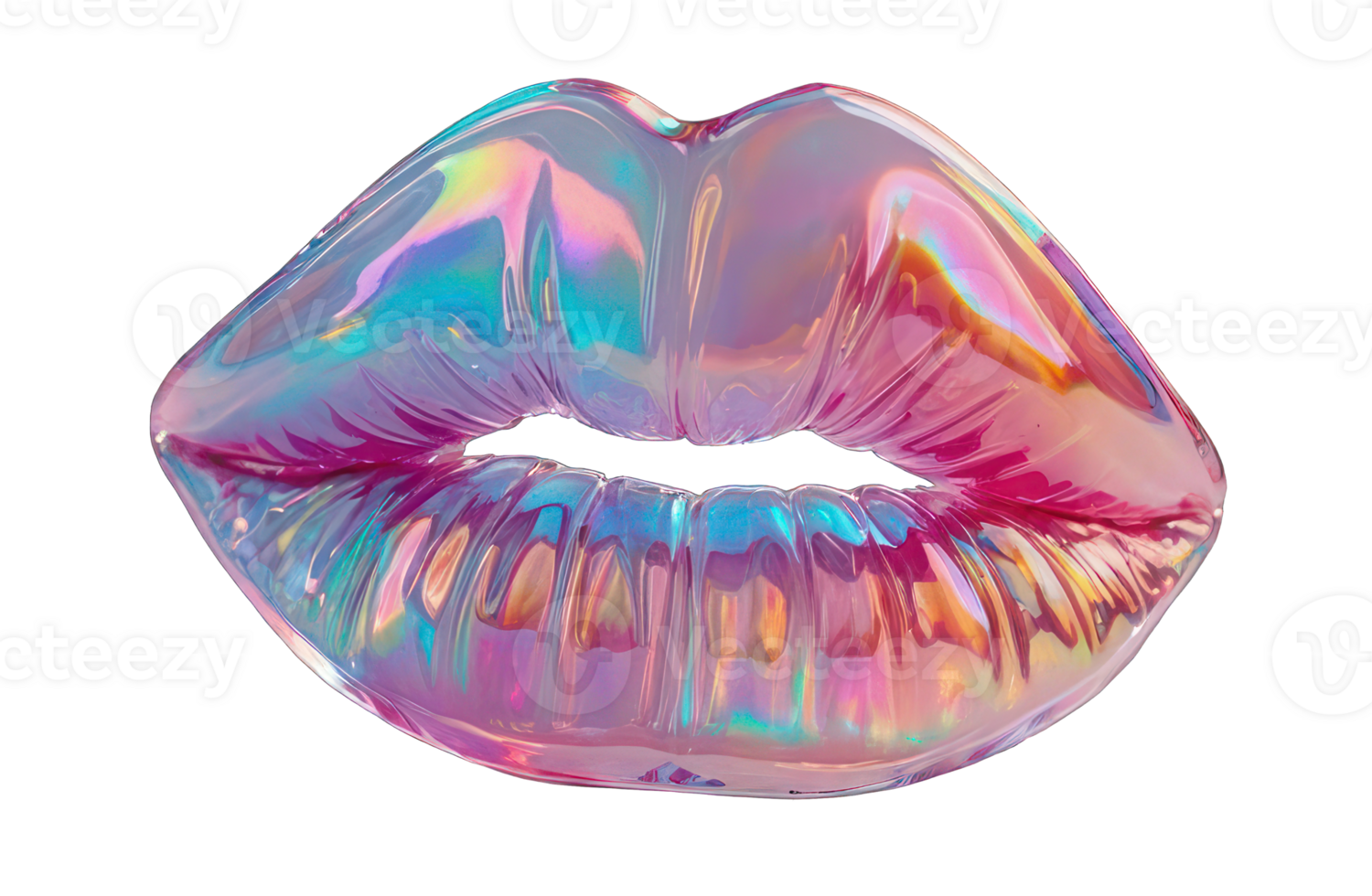 Holographic element in Y2K style, lips isolated on transparent background. Inflated 3D chrome holographic sticker, kiss. png