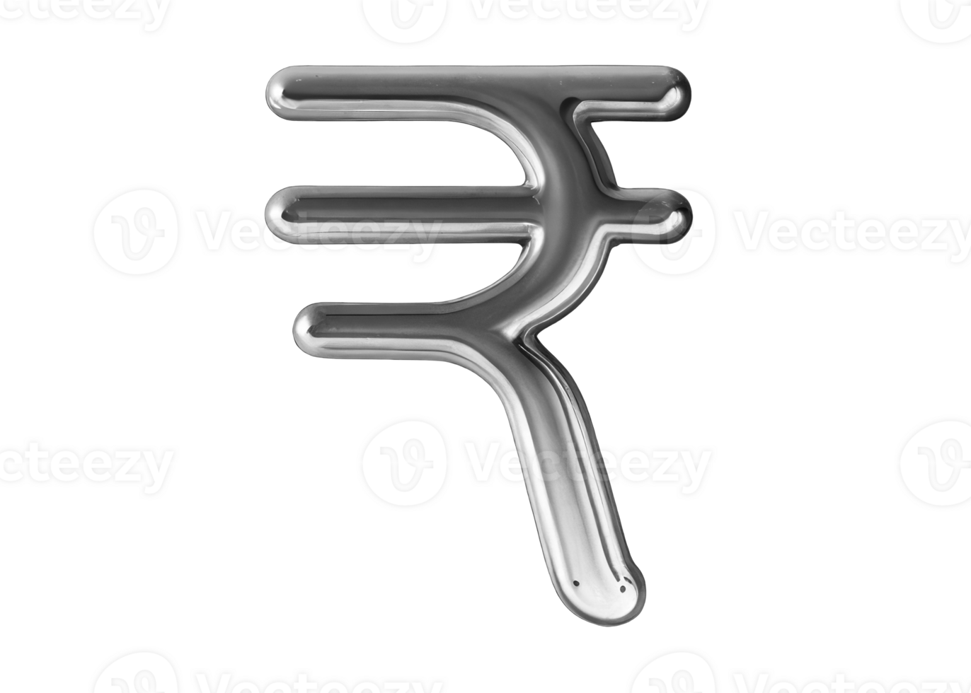 Molten metal element with shiny chrome surface isolated on transparent background. Currency sign, Indian rupee. Finance, money, exchange. png