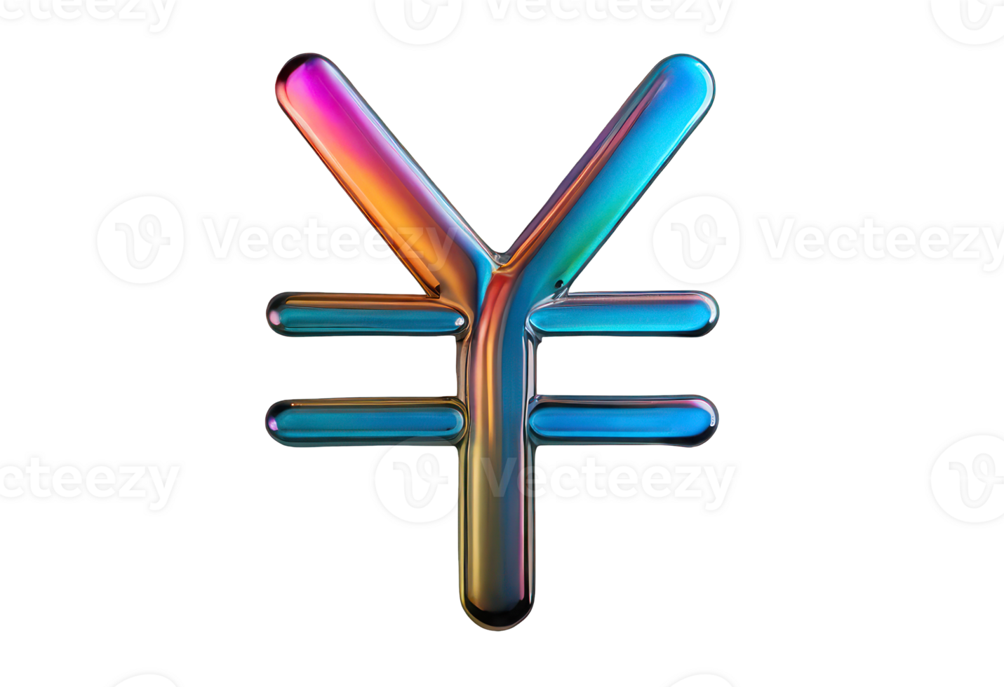 Molten metal element with shiny chrome surface isolated on transparent background. 3D rainbow currency sign, Japanese yen. Finance, money. png