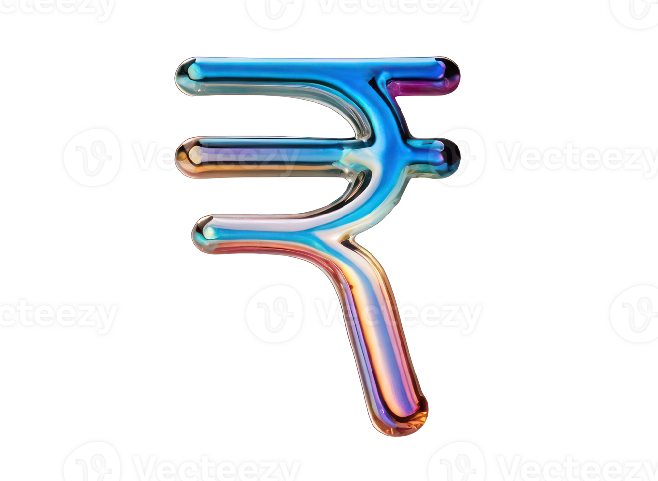 Holographic element with shiny chrome surface isolated on transparent background. Currency sign, Indian rupee. Finance, money, exchange. png