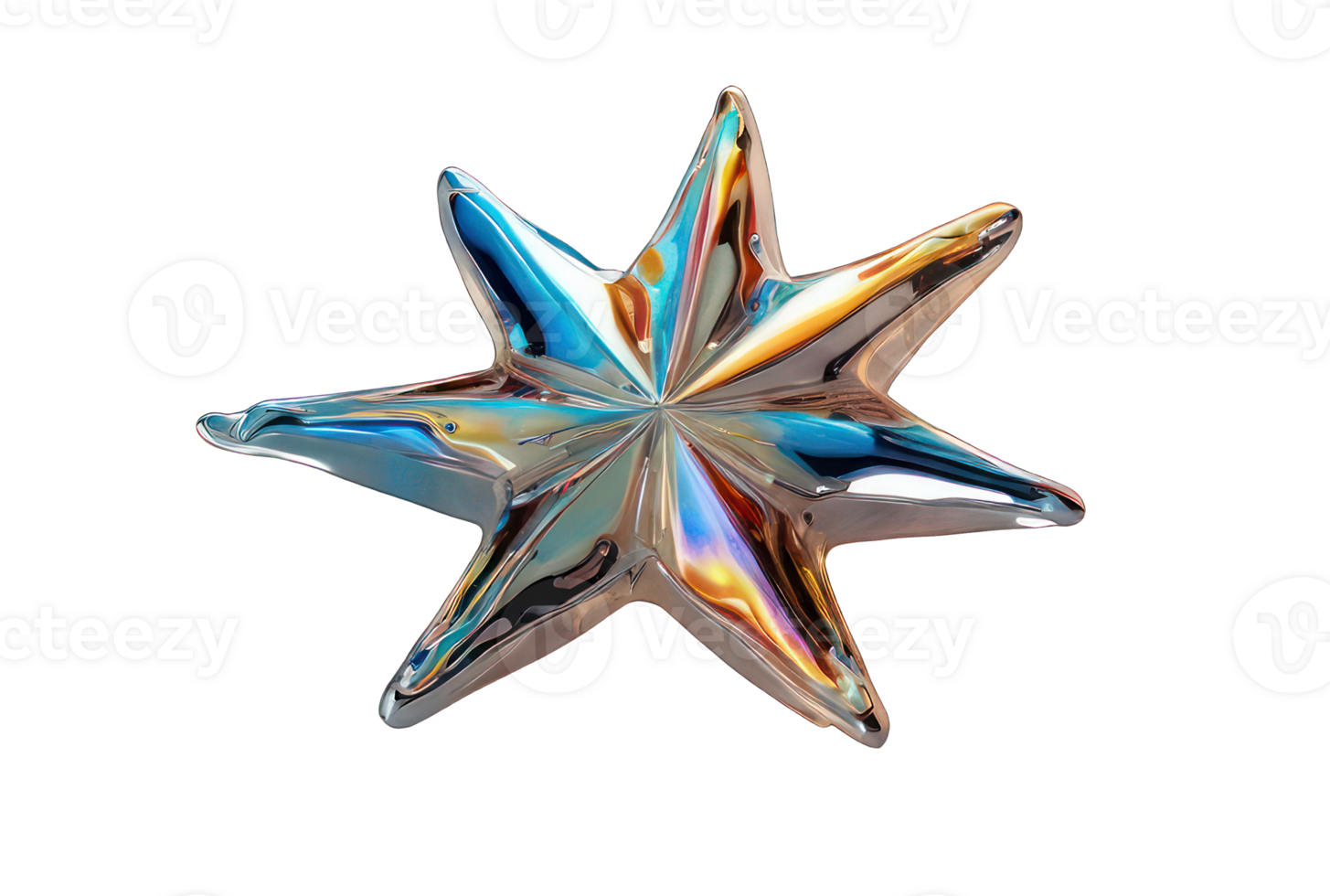 3D volumetric seven-pointed star isolated on a transparent background, holographic element in Y2K style. Rainbow mirror shine, chrome surface. png