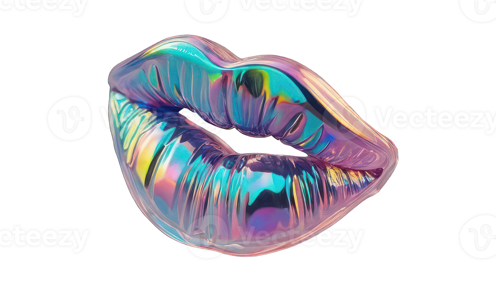 Holographic element in Y2K style, lips isolated on transparent background. Inflated 3D chrome holographic sticker, iridescent surface. png