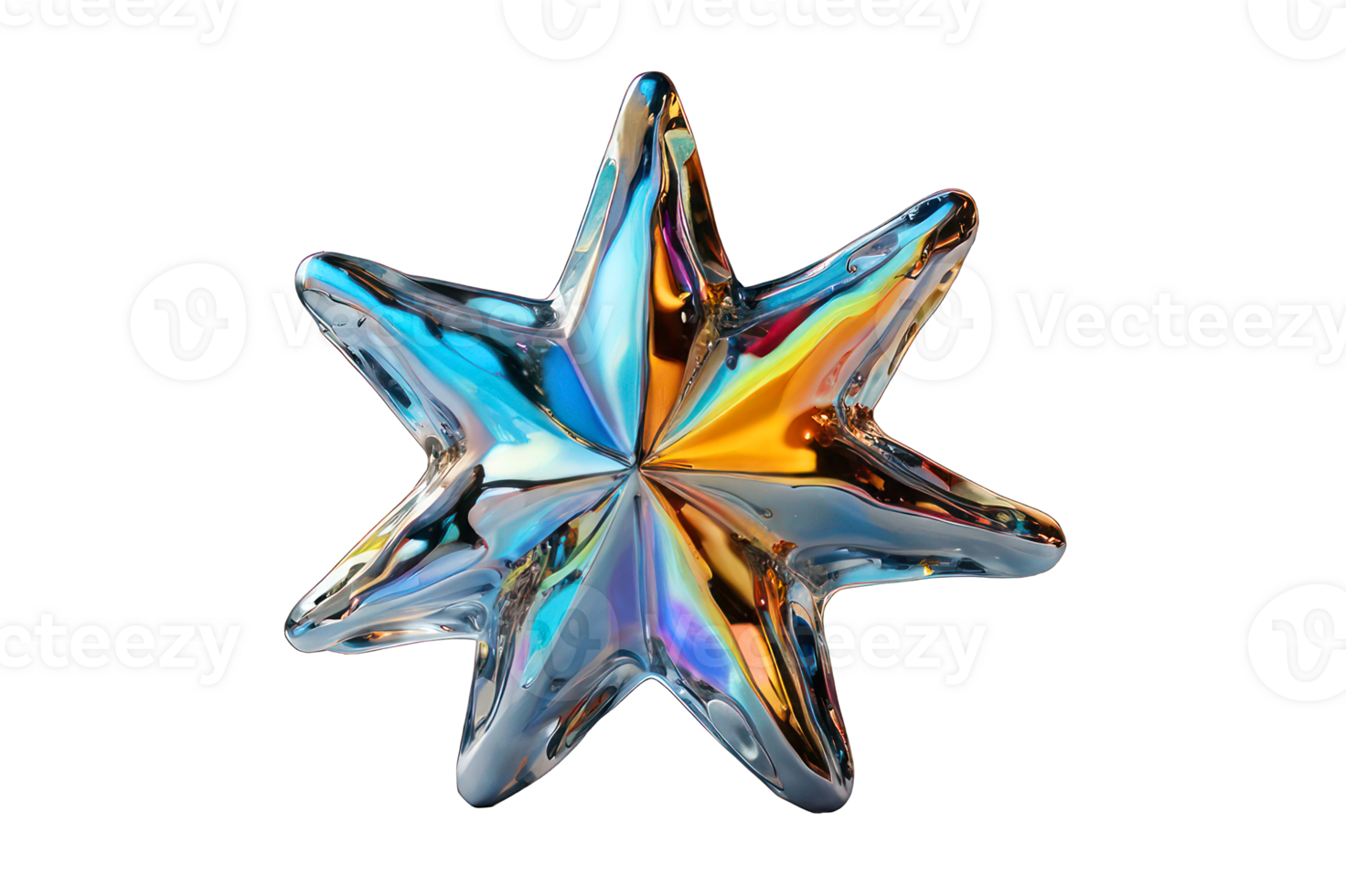 3D volumetric seven-pointed star isolated on a transparent background, holographic element in Y2K style. Rainbow shine, chrome surface. png