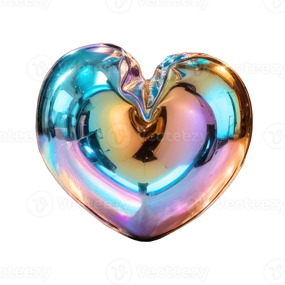 Holographic element in Y2K style, heart figure on transparent background. Chrome iridescent mirror surface, molten metal. Romance, postcard. png