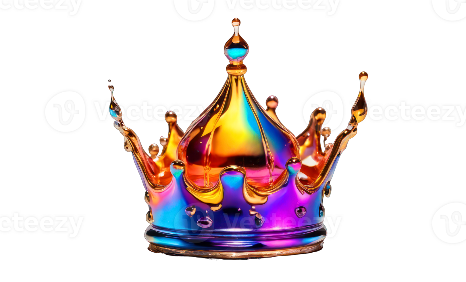 3D volumetric crown isolated on transparent background, holographic element in J2K style. Rainbow mirror shine, chrome surface, luxury. png