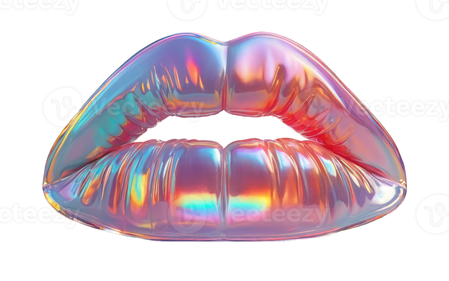 Holographic element in Y2K style, lips isolated on transparent background. Inflated 3D chrome holographic sticker, iridescent surface, kiss. png